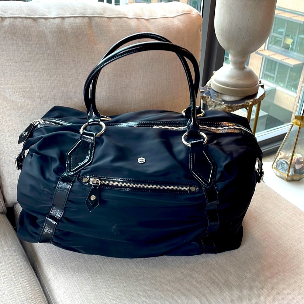 Lodis Black Weekender Tote with Patent Leather Accents